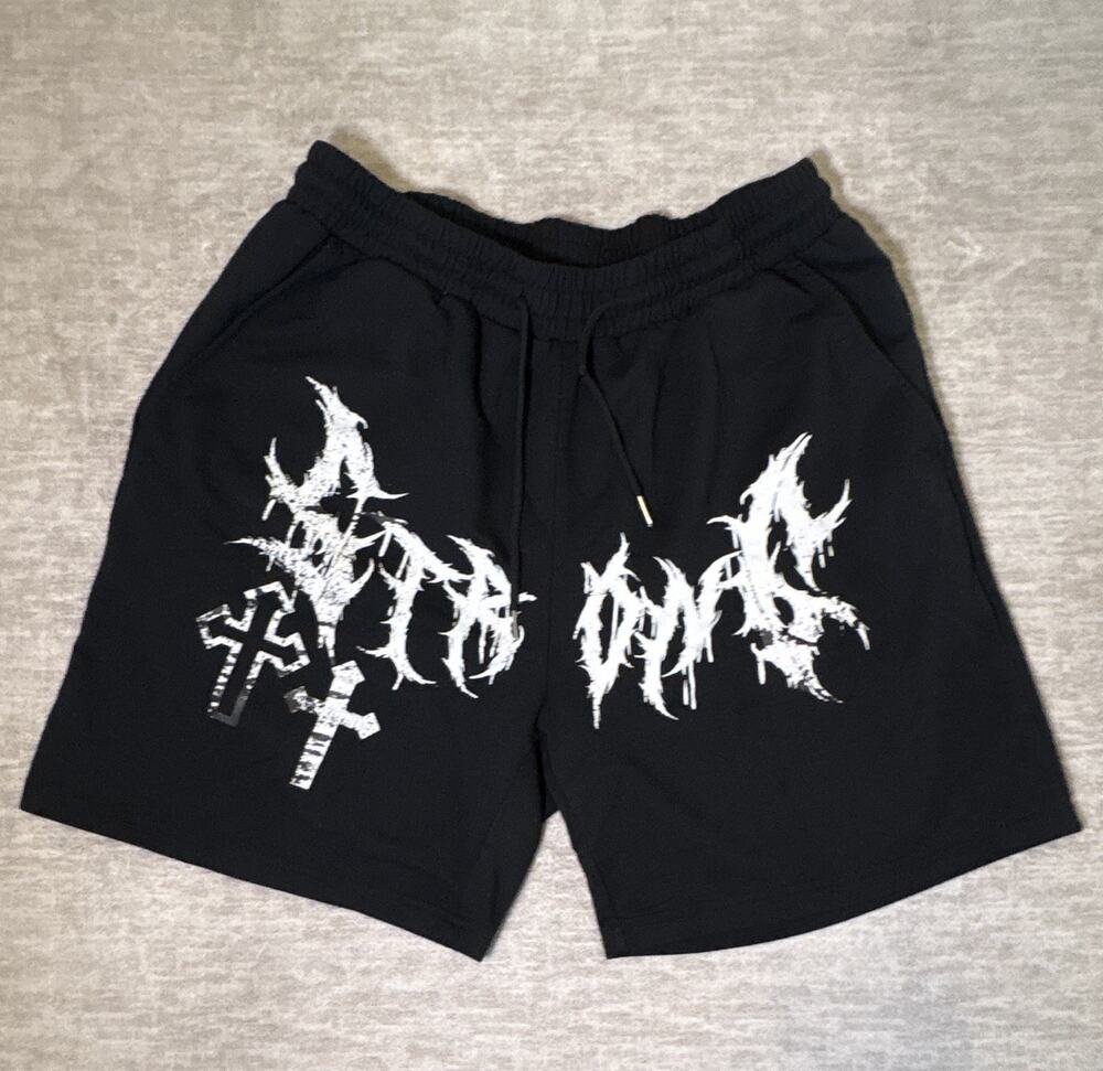 ROMWE Women's Black Goth Graphic Sweat Shorts L Elastic Waist Pockets 3"